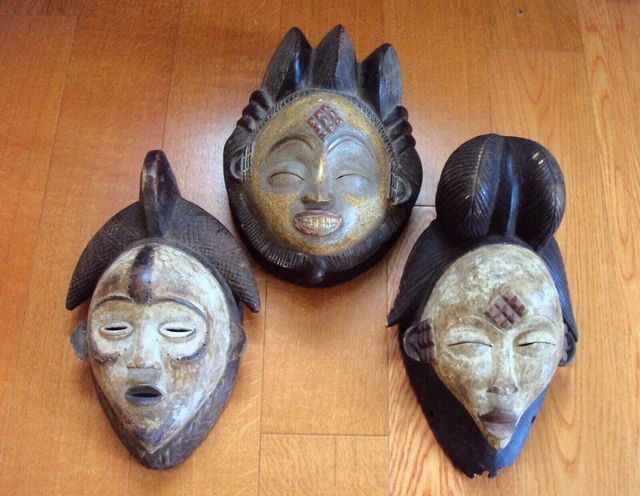 3PCS VINTAGE PUNU MASKS RARE POLYCHROME Kaolin African Carving Statue!!