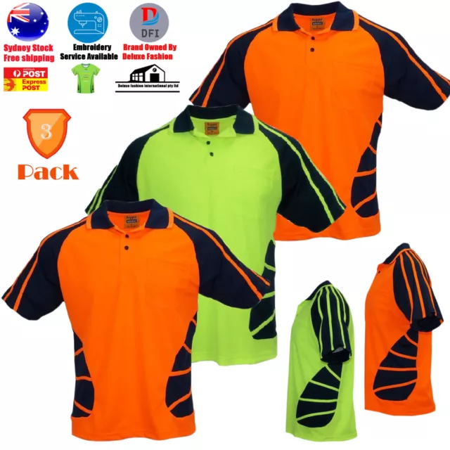 3 PACK Hi-Vis Safety T-Shirt Lapel Stripe Work Wear Construction Cooldry Shirt