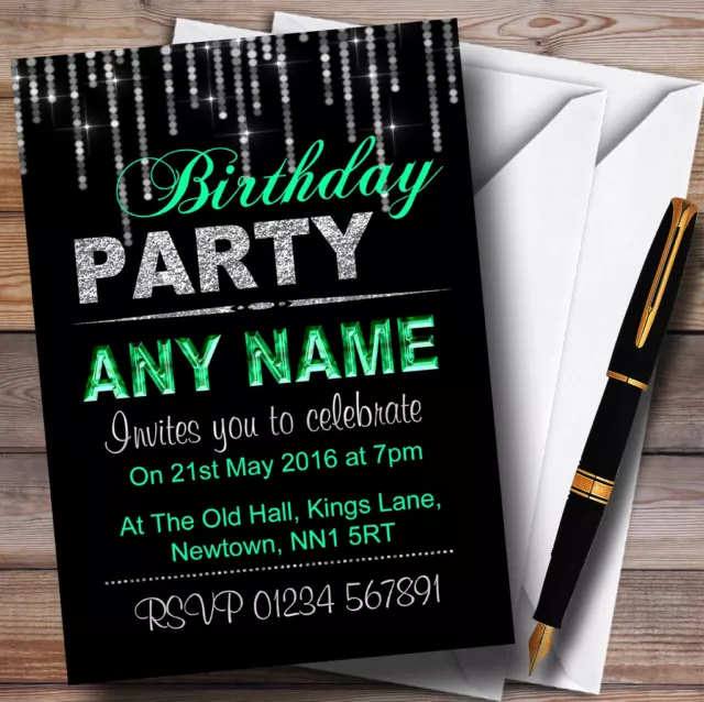 Silver And Mint Green Glitz Birthday Party Personalised Invitations