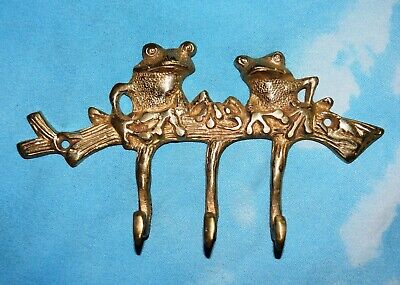 Brass Wall Decor hook Handmade Two Frog Figurine Clothes Jacket Key Chain Hanger