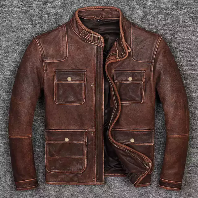 Giacca in pelle di mucca marrone biker cafe racer da uomo vintage moto effetto invecchiato