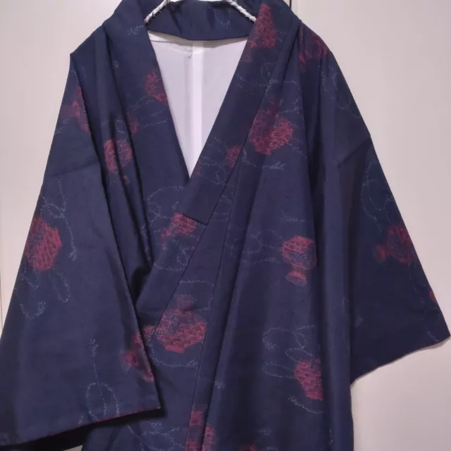 Woman Japanese Kimono Komon Silk Navy Blue Tsumugi Vase