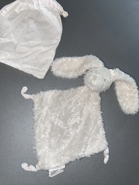 Doudou Cyrillus Lapin Blanc Rose Pâle Pois Gris Noeud 40Cm