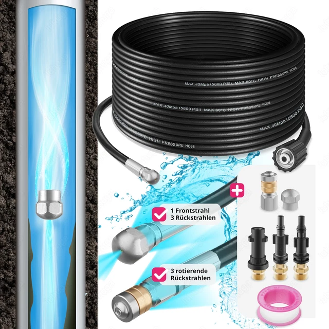 Sonnewelt 30m Rohrreinigungsschlauch Hochdruckschlauch, 180 Bar 60C°, Rohrreinigungsset Mit