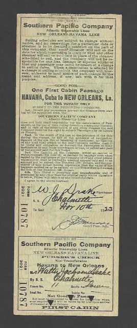 1923 Southern Pacific Co Atlantic Steamship Lines Ticket Havana To New Orleans