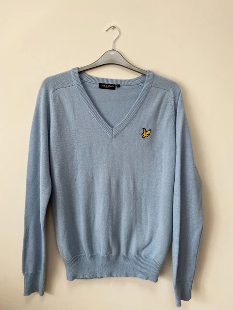 Vintage! Pullover da uomo Lyle & Scott lana collo a V blu pallido taglia L