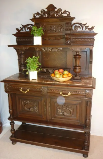 Antique French Marble Topped Buffet Sideboard Cupboard Dresser Dark Oak