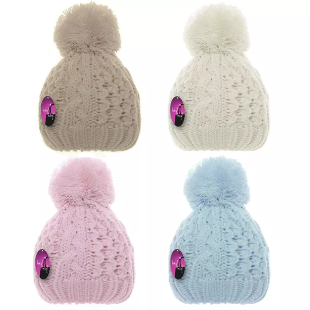 Baby Warm Winter Hat Thick Wooly Double Knitted Cable Bobble Pompom Girls Boys