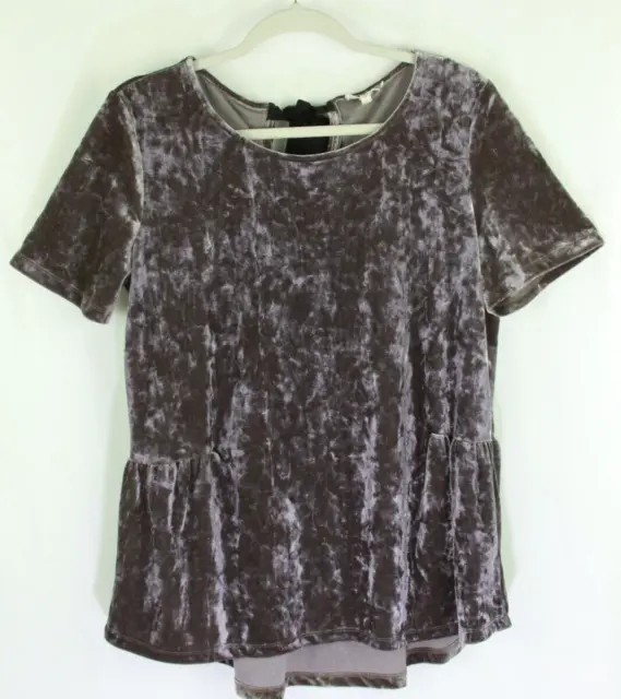 Pleione Crushed Velvet Top w/Ribbon Tie Short Sleeve Purple Womens Large