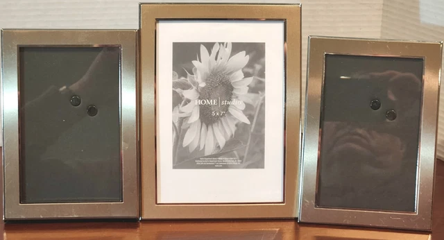 Lot of 3 picture frames one 5" x 7" and two 4” X 6”  Gold Tone Metal with glass 2