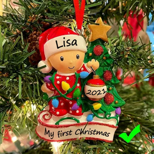 PERSONALIZED Baby's First Christmas Ornament, Newborn Baby Boy/Girl in Red Tree