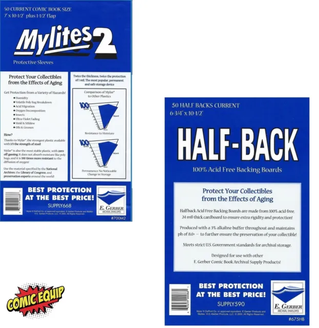 50 Mylites2 CURRENT Mylars Bags & 50 Half Back Comic Boards 700M2/675HB E.Gerber
