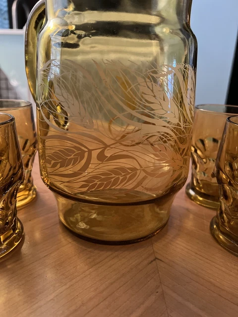 Vintage Depression Amber Glass Pitcher & 4 Glasses Wheat Pattern