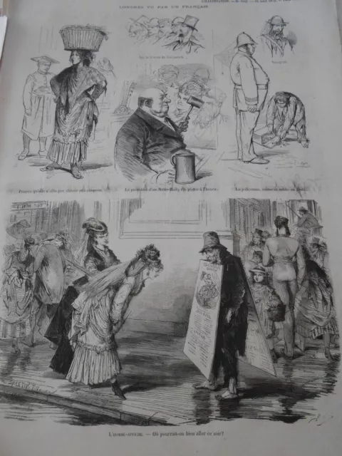Gravure 1874 - Londres vu par un Francais L'homme affiche le Policeman etc..