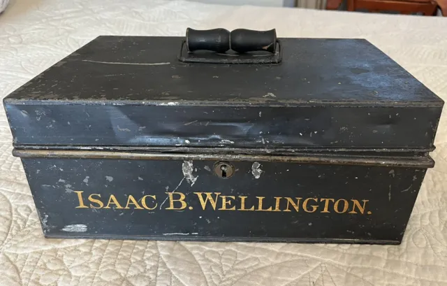 Antique tin strong box Isaac Wellington 12 Bradbury Ave Medford MA