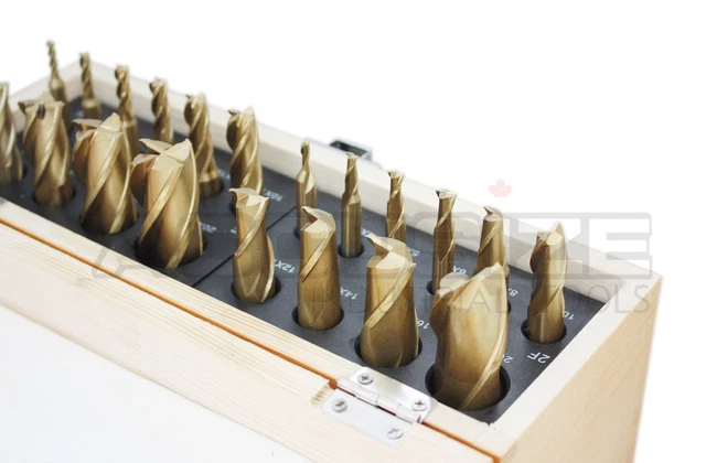 Accusize Industrial Tools 20 Pc H.S.S. Tin Coated End Mill Set, Metric Size, Cut