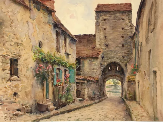 Ancien Tableau Aquarelle Village Paysage Old painting Board  watercolor