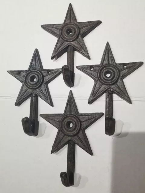 4 BROWN STAR WALL HOOKS 6"  ANTIQUE-STYLE CAST IRON western rustic hat coat