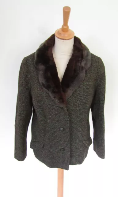 Vintage 40s 50s London Maid green tweed wool faux fur collar riding jacket, M