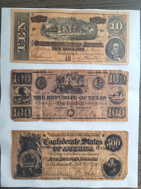 Obsolete Banknotes Facsimile 3 Vintage Confederate Notes