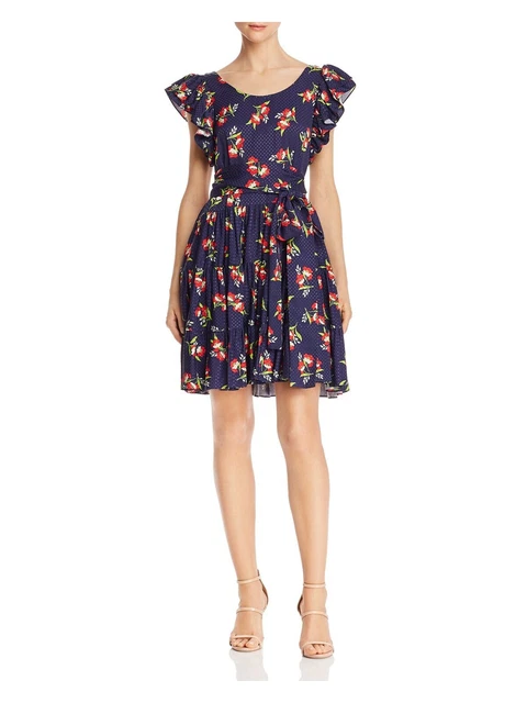 JILL STUART Womens Navy Back Cap Sleeve Scoop Neck Short Fit + Flare Dress M