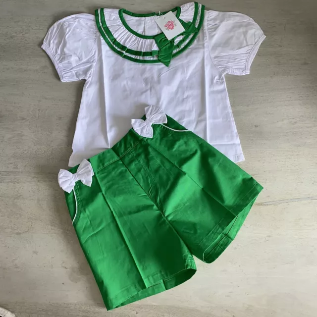Girls Summer Bundle Shorts Top Outfit Age 7 8 Y White Green Bow Spanish Set