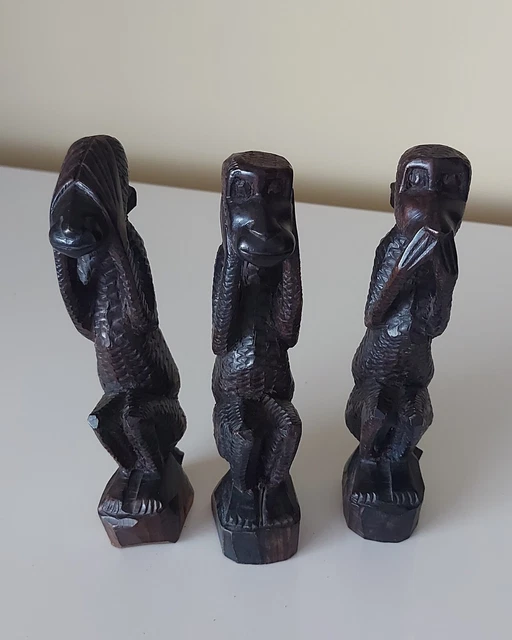 African Carved See Hear Say No Evil Ebony Monkey Figure Set Measurements In Dets