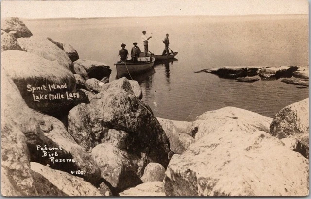 1910s LAKE MILLE LACS, Minnesota RPPC Photo Postcard SPIRIT ISLAND Boating Scene