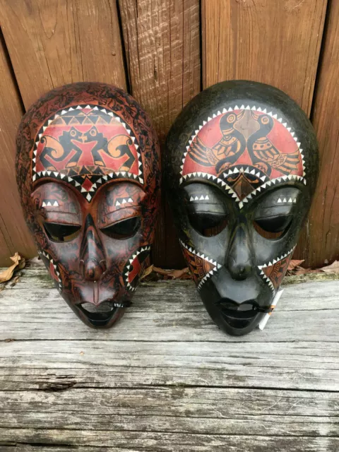 A Pair,of Antique Indonesian Wood Mask Hand Carved Painted Tribal ART Work -NICE