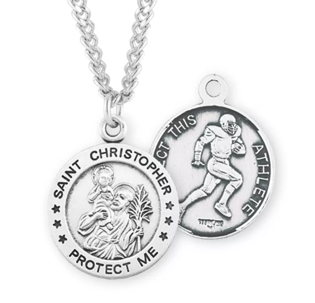 Saint Christopher Sterling Silver Football Male Athlete Medal Pendant Necklace