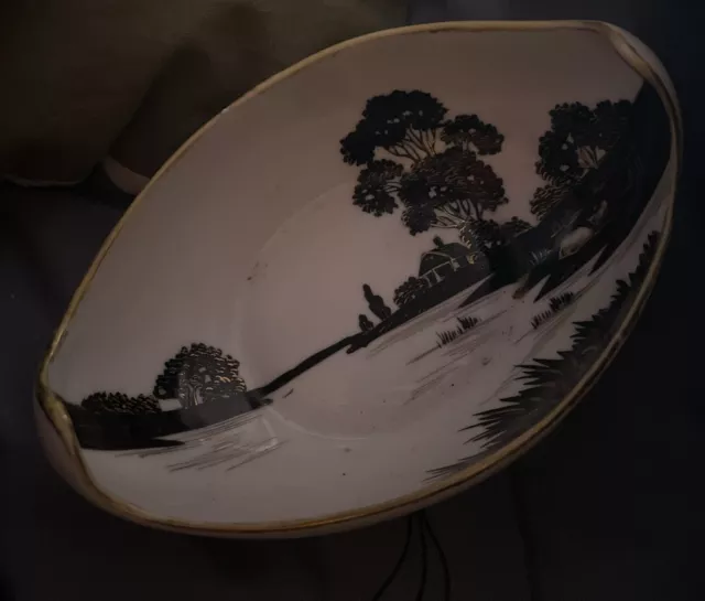 Nippon Hand 🖌️Painted Oval Dish 🔳With Rustic Scene 〰️➿With Gold Finish