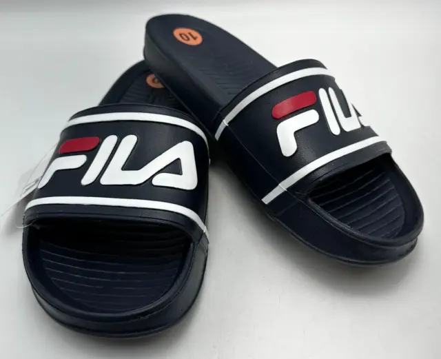 FILA Slide Mens 10 Sleek ST Navy Blue Red White Slippers Sandals Slides M-10