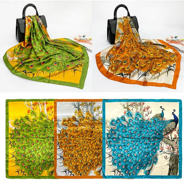 Sciarpa di seta donna bellissimi pavoni stampa foulard raso sciarpa di seta collo +