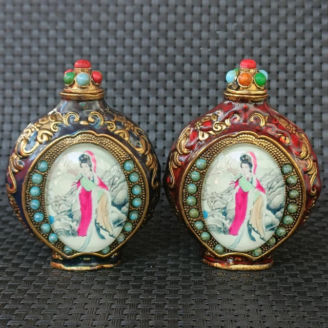 Antique Luminous Classical Beauty Tibetan Silver Cloisonné Snuff Bottle 2pcs
