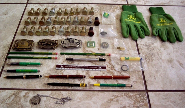 Vtg John Deere Advertising Lot Belt Buckles Pens Pin Parts Expo Collector Bolts
