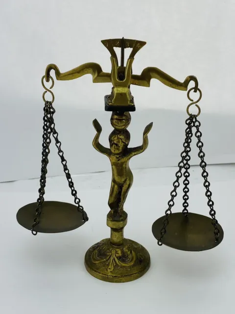 Fantastic! Vintage Brass Cherub Angel Libra Scales Zodiak Balance