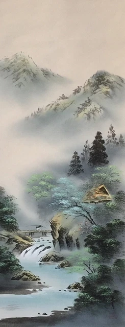 G1624 Japonés Vintage Colgante Rollo Kakejiku Mano Pintura Seda Paisaje Singed
