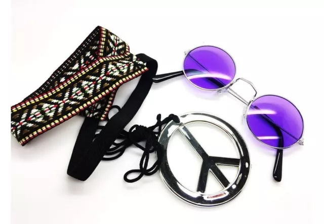 1960s Purple Hippy Kit Fancy Dress Hippie Party Costume Accessories Peace