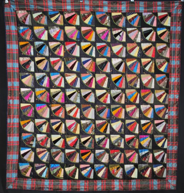 VICTORIAN PIECED FAN PATTERN SILK CRAZY QUILT, HAND EMBROIDERED, c1900