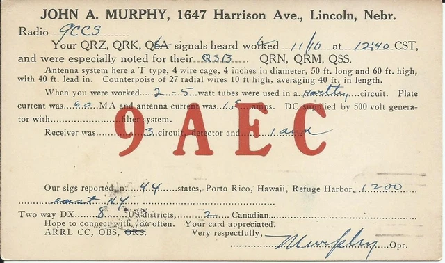 Vintage Ham Radio Qsl Cards 1923  9Aec  Lincoln, Ne.