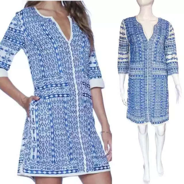 Love Sam Mesh Embroidered Blue White Shift Dress 3/4 Sleeve Mini Women's Size S