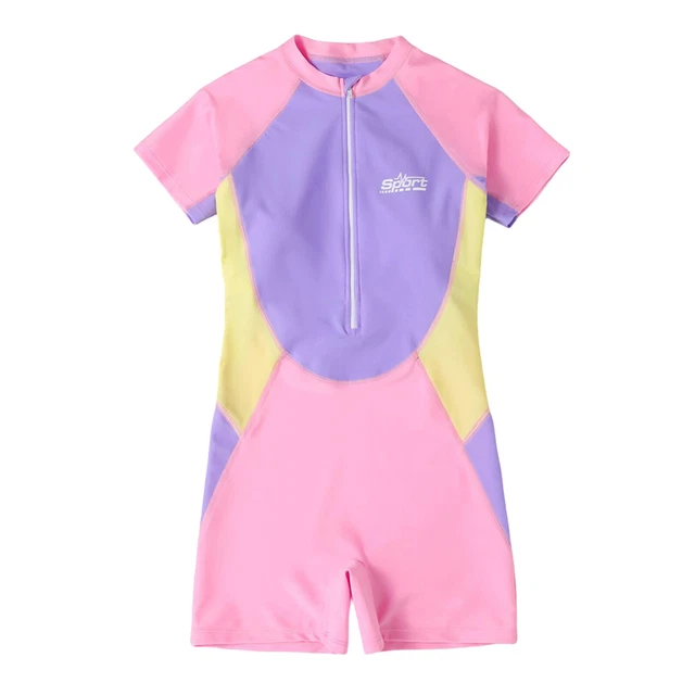 KIDS GIRLS SHORT Sleeves OnePiece Swimsuit Bodysuit Contrast Swimwear