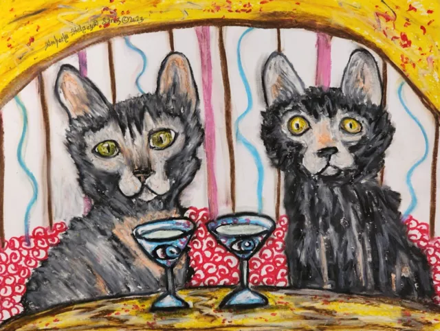 4 x 6 Art Print Lykoi Cat drinking a Martini by Artist KSams Halloween Werecat