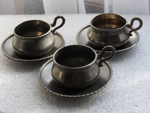 service à café-moka ancien étain RAMA PELTRO 95% 3 tasses 3 sous-tasses dînette