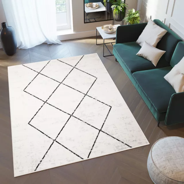 Tapiso laila tapis salon chambre moderne blanc noir géométrique