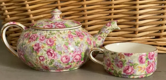 Royal Winton English Rose Chintz Teapot with Lid and Tea Cup