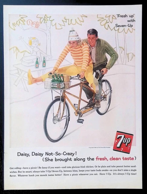 PRINT AD 1960 S Young Couple Bicycle Built Two Seven 7 UP Daisy Crazy PRINT AD 1960 S Young Couple Bicycle Built Two Seven 7 UP Daisy Crazy