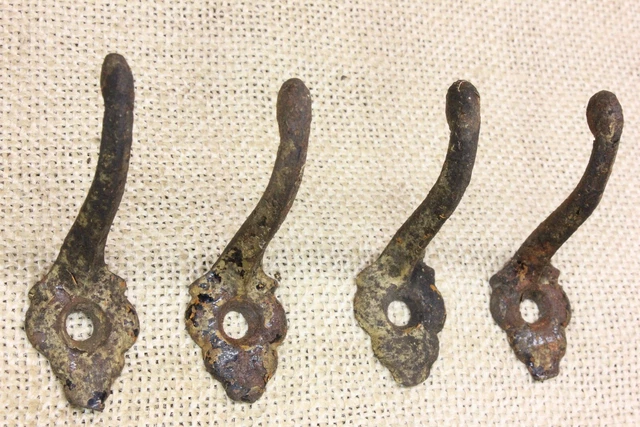 4 Old Single Coat Hooks School Farmhouse Rustic Paint Cast Iron  Vintage 1850’s
