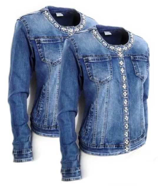 Giacca jeans donna giubbino strass bottoni giacchetto giubbotto taglio regolare