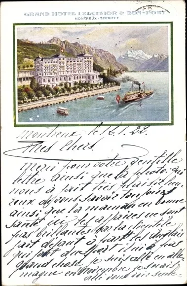 Ak Montreux Kanton Waadt Schweiz, Grand Hotel Excelsior, Dampfer - 10648338